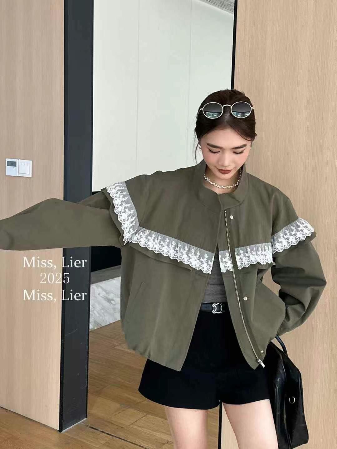 韓版蕾絲拼接荷葉邊短款外套女春新款小個子寬松休閒夾克棒球上衣25032102