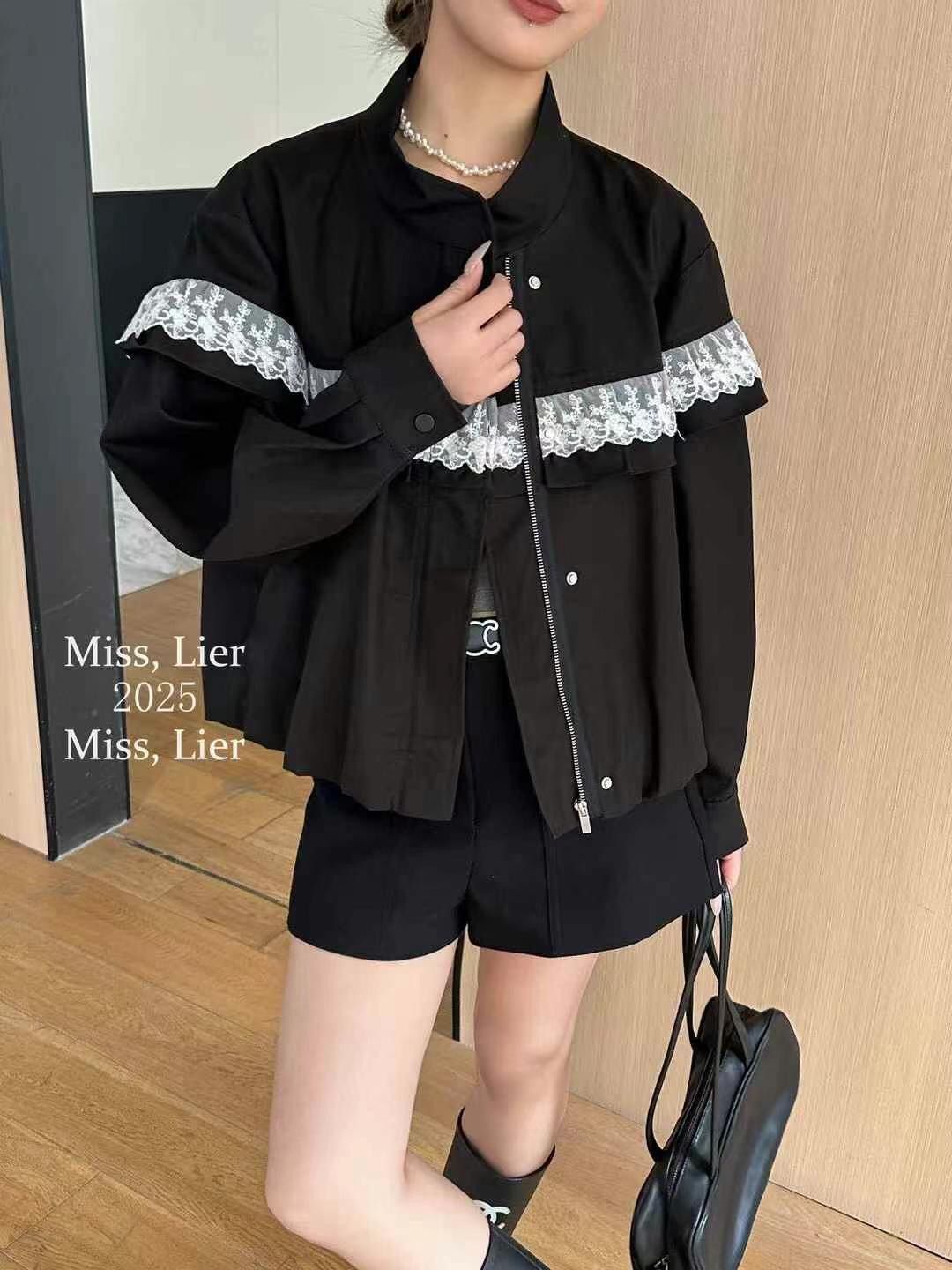 韓版蕾絲拼接荷葉邊短款外套女春新款小個子寬松休閒夾克棒球上衣25032102