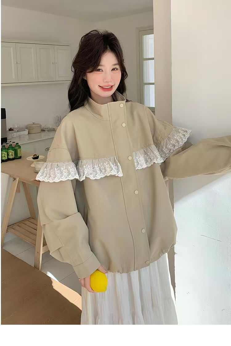 韓版蕾絲拼接荷葉邊短款外套女春新款小個子寬松休閒夾克棒球上衣25032102