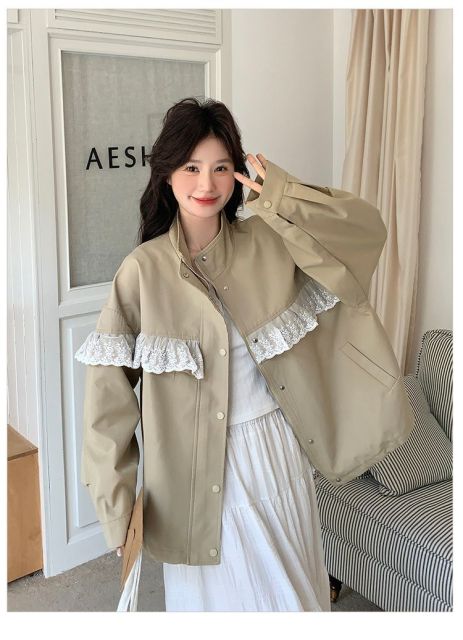 韓版蕾絲拼接荷葉邊短款外套女春新款小個子寬松休閒夾克棒球上衣25032102