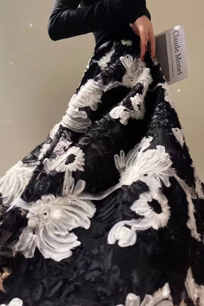 韓版雪松晚林法式復古重工花朵禮服半裙高級感刺繡撞色顯瘦長短裙子25033002