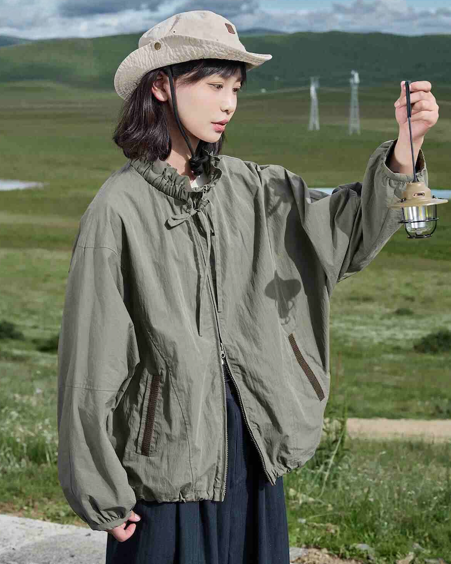 韓版日系復古寬松抽褶立領木耳邊綁帶立領高級感夾克短外套25033102