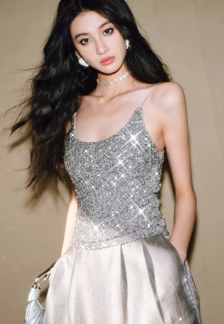 韓版法式重工女王亮片修身百搭打底背心衫女春夏新款上衣25041105