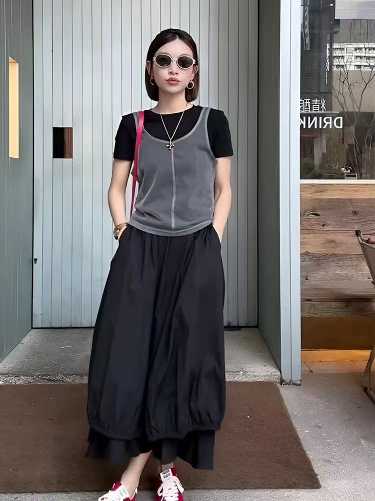 韓版韓範復古花苞裙半身裙套裝夏季新款設計感顯瘦蓬蓬裙子兩件套25041604