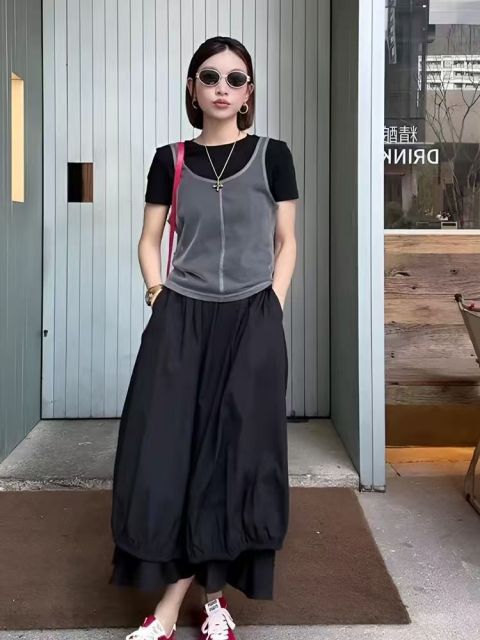 韓版韓範復古花苞裙半身裙套裝夏季新款設計感顯瘦蓬蓬裙子兩件套25041604