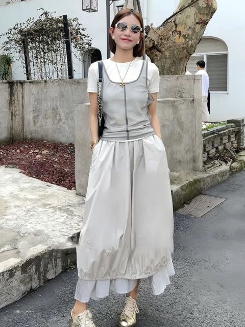 韓版韓範復古花苞裙半身裙套裝夏季新款設計感顯瘦蓬蓬裙子兩件套25041604