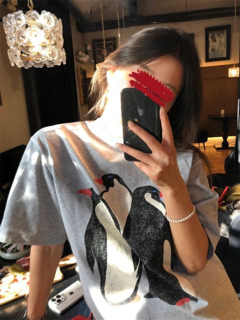 韓版小眾設計感企鹅主题灰色短袖T恤女春夏季新款韓版寬松印花25042601