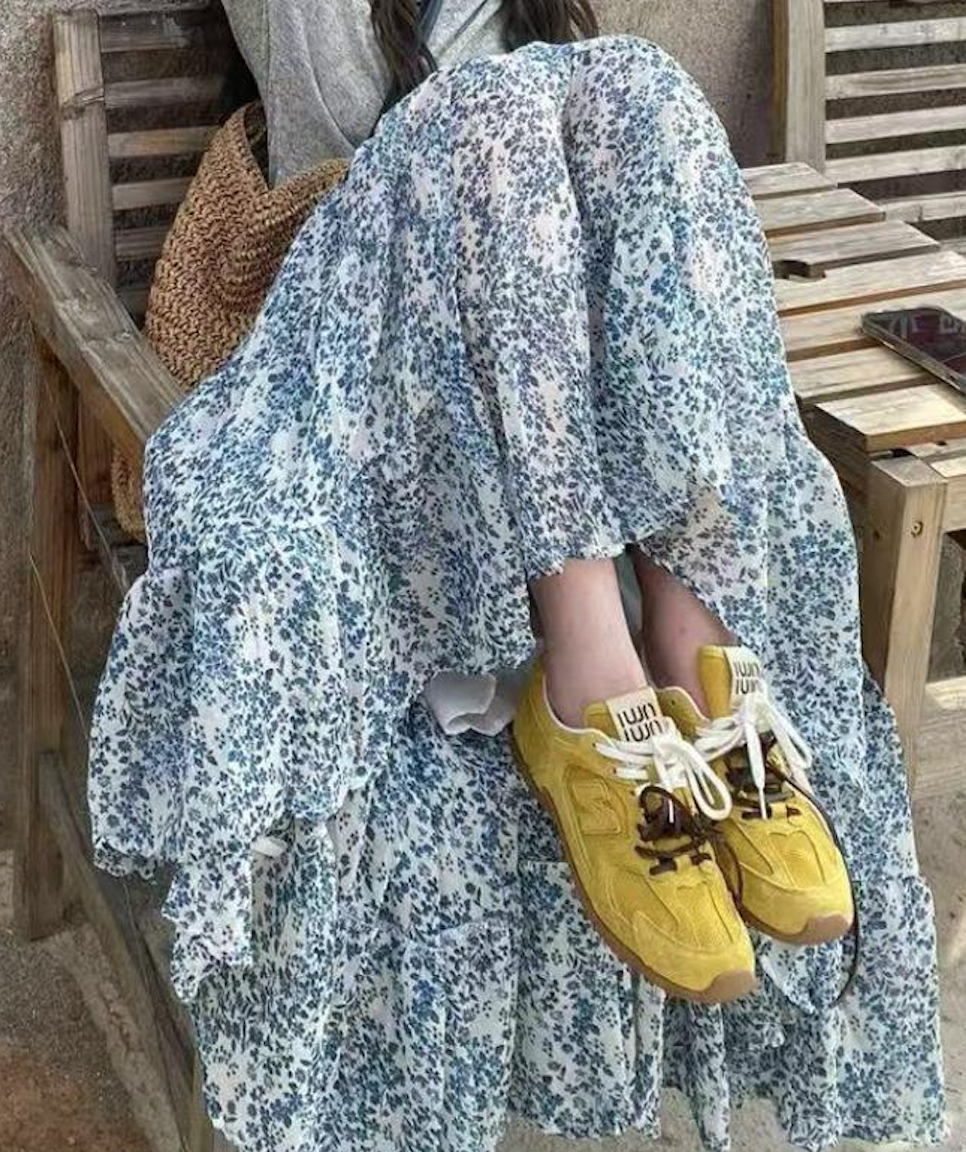 韓版新款青花瓷半身裙女新款法式氣質溫柔風高腰寬松碎花裙25050605