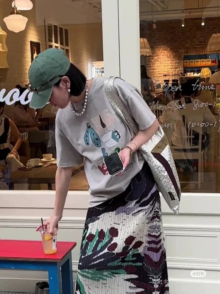 韓版灰色彩色蝴蝶圖案個性百搭純棉短袖t恤女T恤上衣25050603