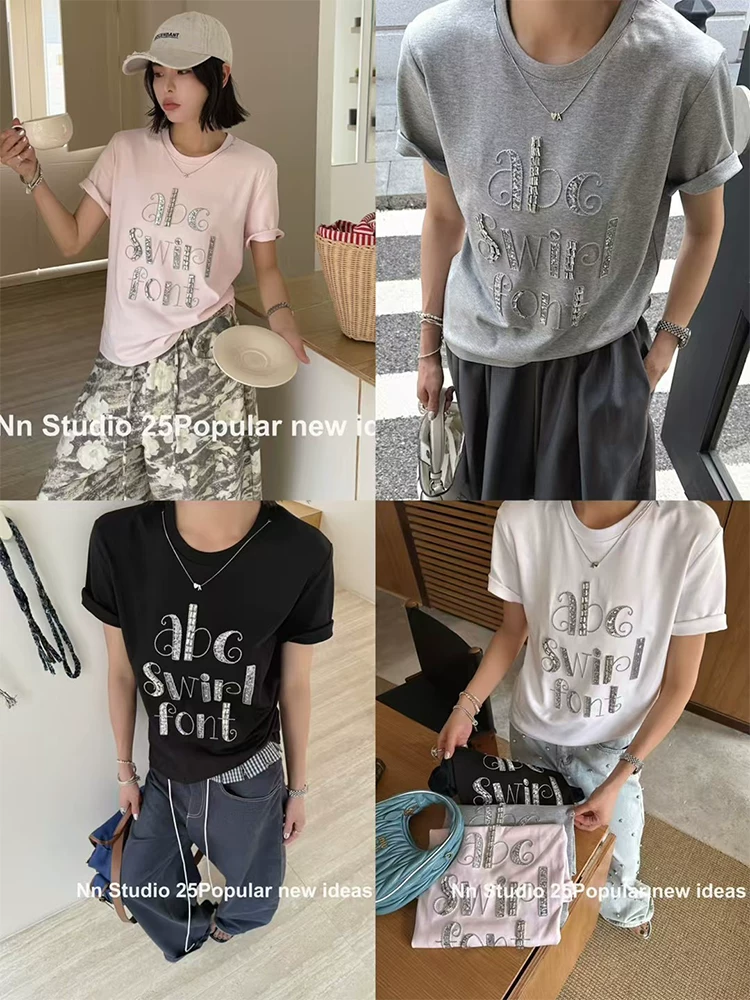 韓版Nnstudio重工亮片鑲磚字母短袖T女甜美個性百搭純棉T恤25051003