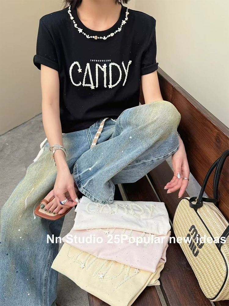 韓版Nnstudio重工刺繡字母夏季新品短袖上衣25051005