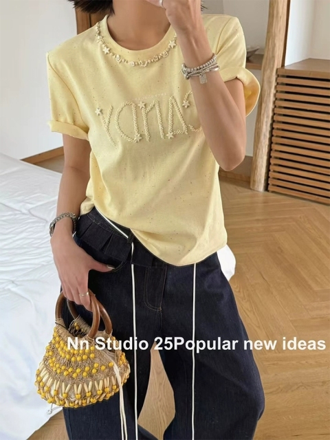 韓版Nnstudio重工刺繡字母夏季新品短袖上衣25051005