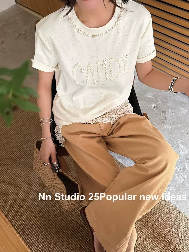 韓版Nnstudio重工刺繡字母夏季新品短袖上衣25051005