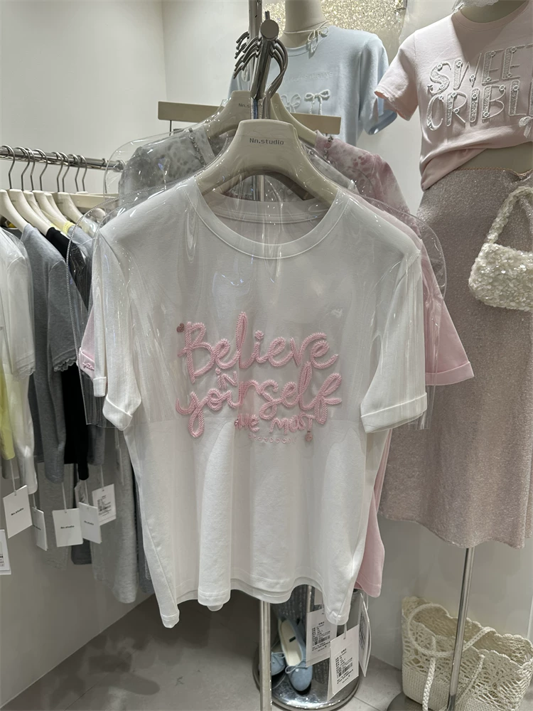 韓版Nnstudio重工立體刺繡字母短袖T恤25051004