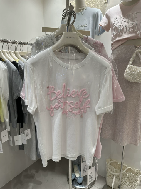 韓版Nnstudio重工立體刺繡字母短袖T恤25051004
