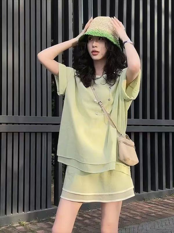 韓系小香風甜美休閒兩件套新款圓領寬松上衣純色百搭短裙女25051705