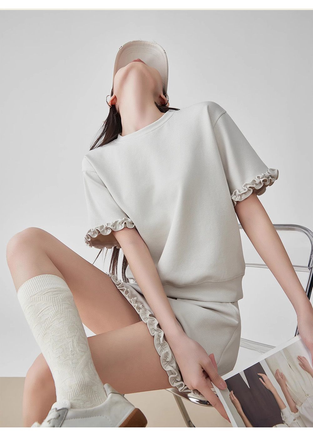 韓系時髦休閒運動風寬松木耳邊T恤上衣半裙套裝夏季新款25051801