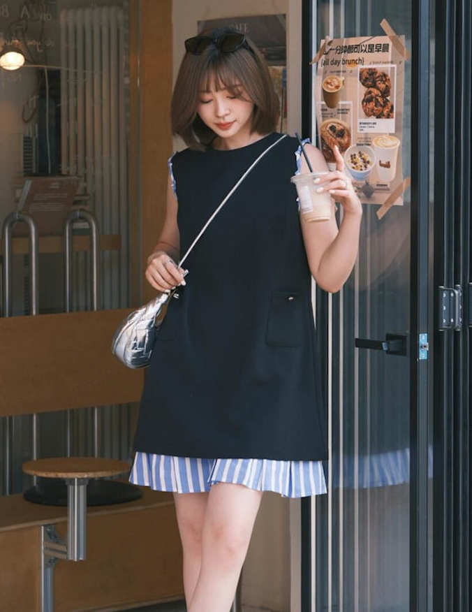 韓系法式氣質撞色拼接背心連衣裙夏季小眾設計感收腰顯瘦外搭裙子25052103