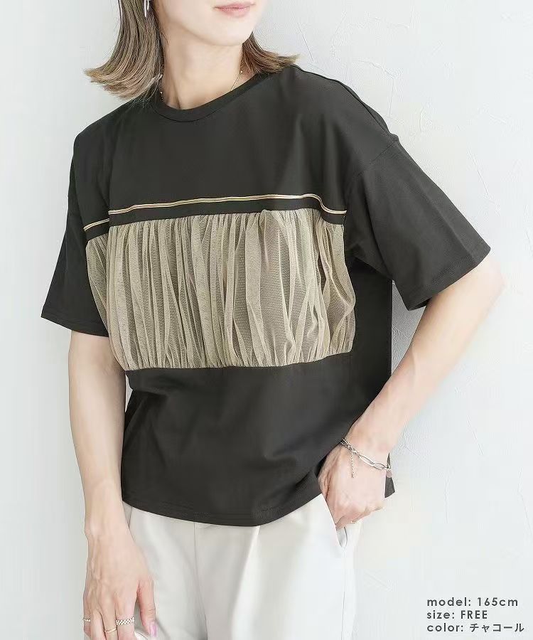 日系重工壓線網紗拼接女棉T恤夏季寬松大碼透氣短袖上衣25053105