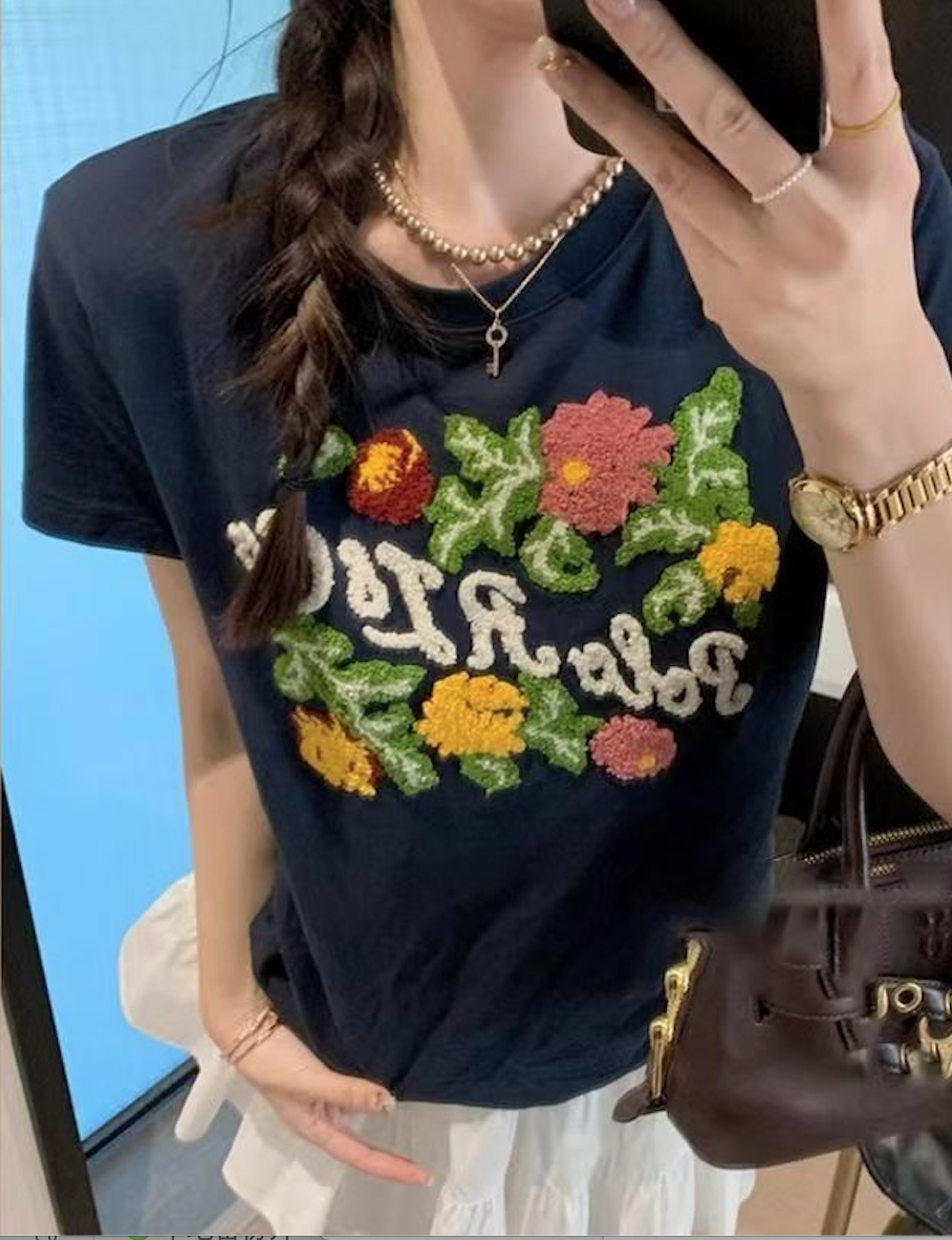 韓版重工立體刺繡重繁花萬針毛巾刺繡純棉短袖T25060904