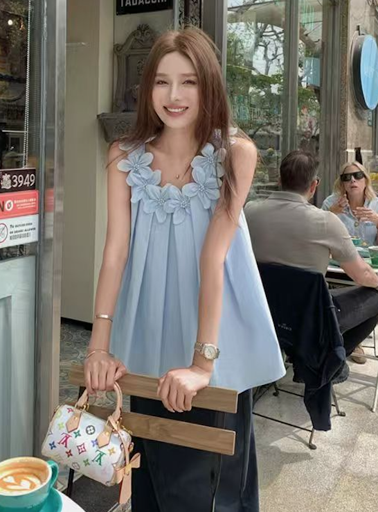 韓版白月光重工立體花朵白色連衣裙女夏無袖吊帶裙度假風25061103