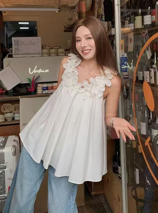 韓版白月光重工立體花朵白色連衣裙女夏無袖吊帶裙度假風25061103