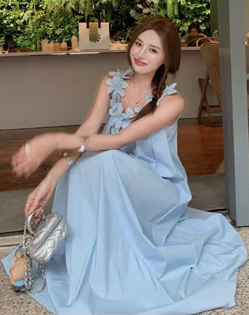 韓版白月光重工立體花朵白色連衣裙女夏無袖吊帶裙度假風25061103