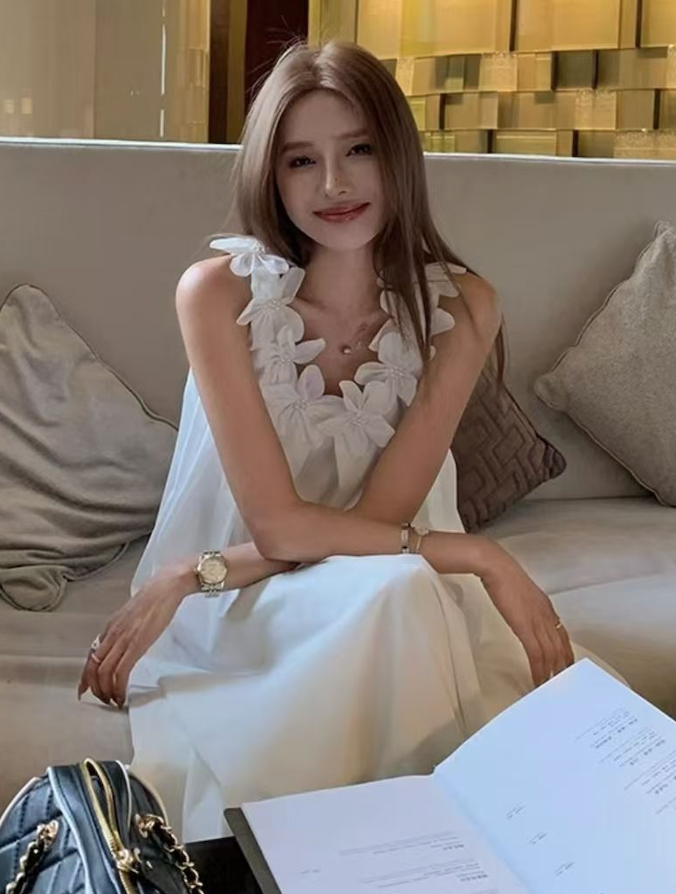 韓版白月光重工立體花朵白色連衣裙女夏無袖吊帶裙度假風25061103