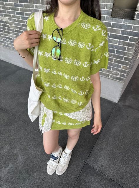 韓國夏日穿搭套裝女韓系設計感提花圓領針織短袖上衣包臀半身裙C25061305