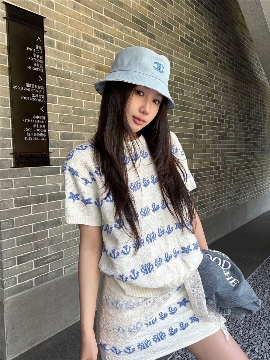 韓國夏日穿搭套裝女韓系設計感提花圓領針織短袖上衣包臀半身裙C25061305