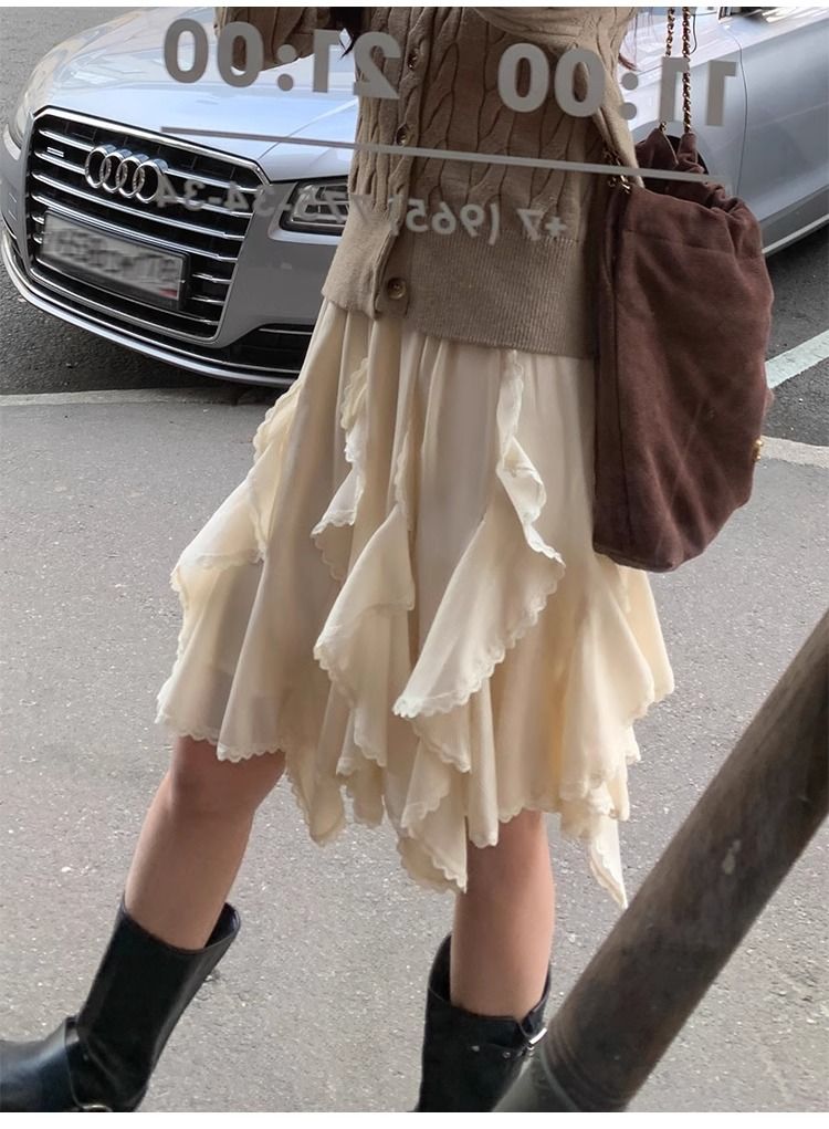 韓國不規則半身裙女新款設計感小眾荷葉邊蕾絲拼接裙子25061301
