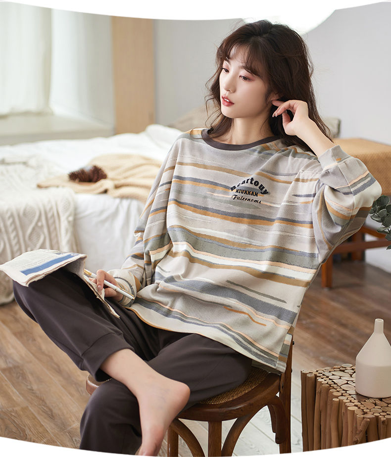韓國睡衣女春秋款純棉長袖休閒簡約條紋家居服秋冬季寬松大碼全棉套裝25061503