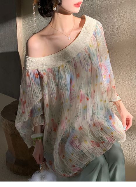 韓國重工壓褶刺繡一字肩上衣夏日慵懶感親膚輕盈氣質襯衣極簡潮25062001