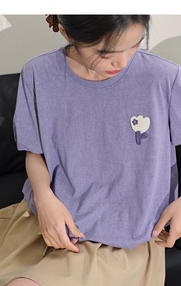 韓版闊色薄荷曼波立體小花短袖T恤女夏款花苞圓領小個子正肩上衣25062603