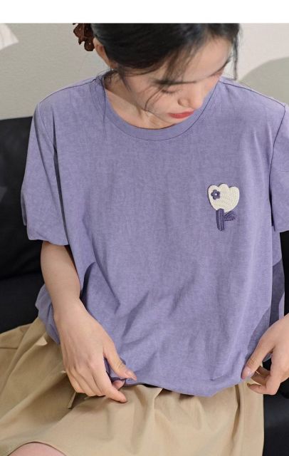韓版闊色薄荷曼波立體小花短袖T恤女夏款花苞圓領小個子正肩上衣25062603