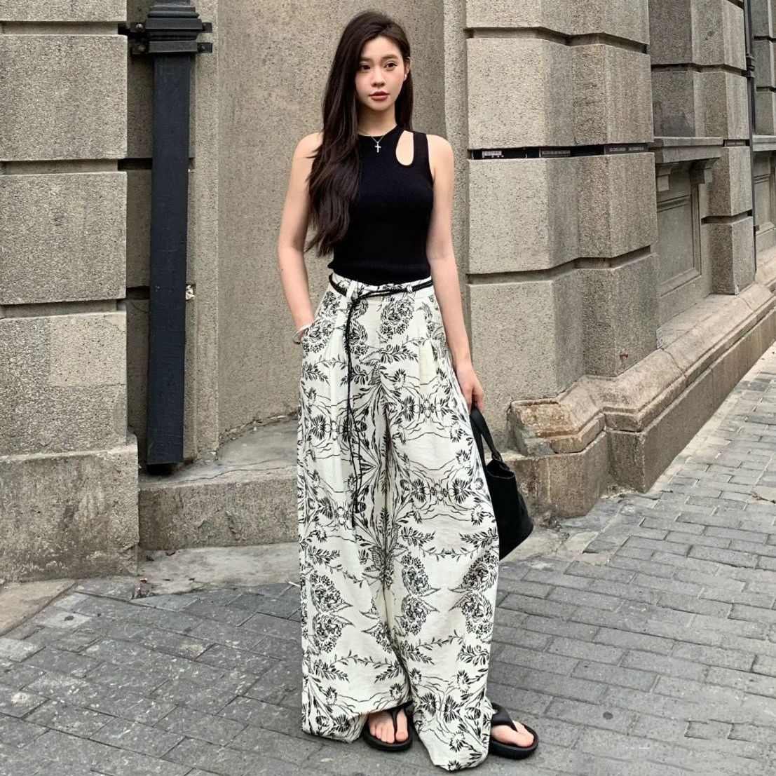 韓版高級感復古印花闊腿褲女夏季新款寬松顯瘦垂感百搭休閒褲25070602