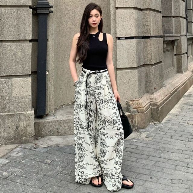 韓版高級感復古印花闊腿褲女夏季新款寬松顯瘦垂感百搭休閒褲25070602