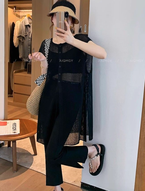韓系條紋前後兩穿針織開衫女夏季新款寬松大碼胖MM中長款鏤空上衣25070902