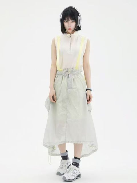 韓系夏款戶外輕量休閒百搭背帶裙時尚小眾後開叉休閒長裙25071501