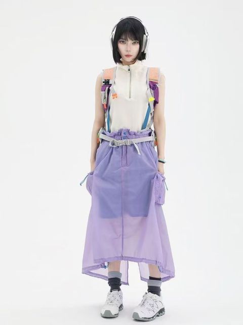 韓系夏款戶外輕量休閒百搭背帶裙時尚小眾後開叉休閒長裙25071501