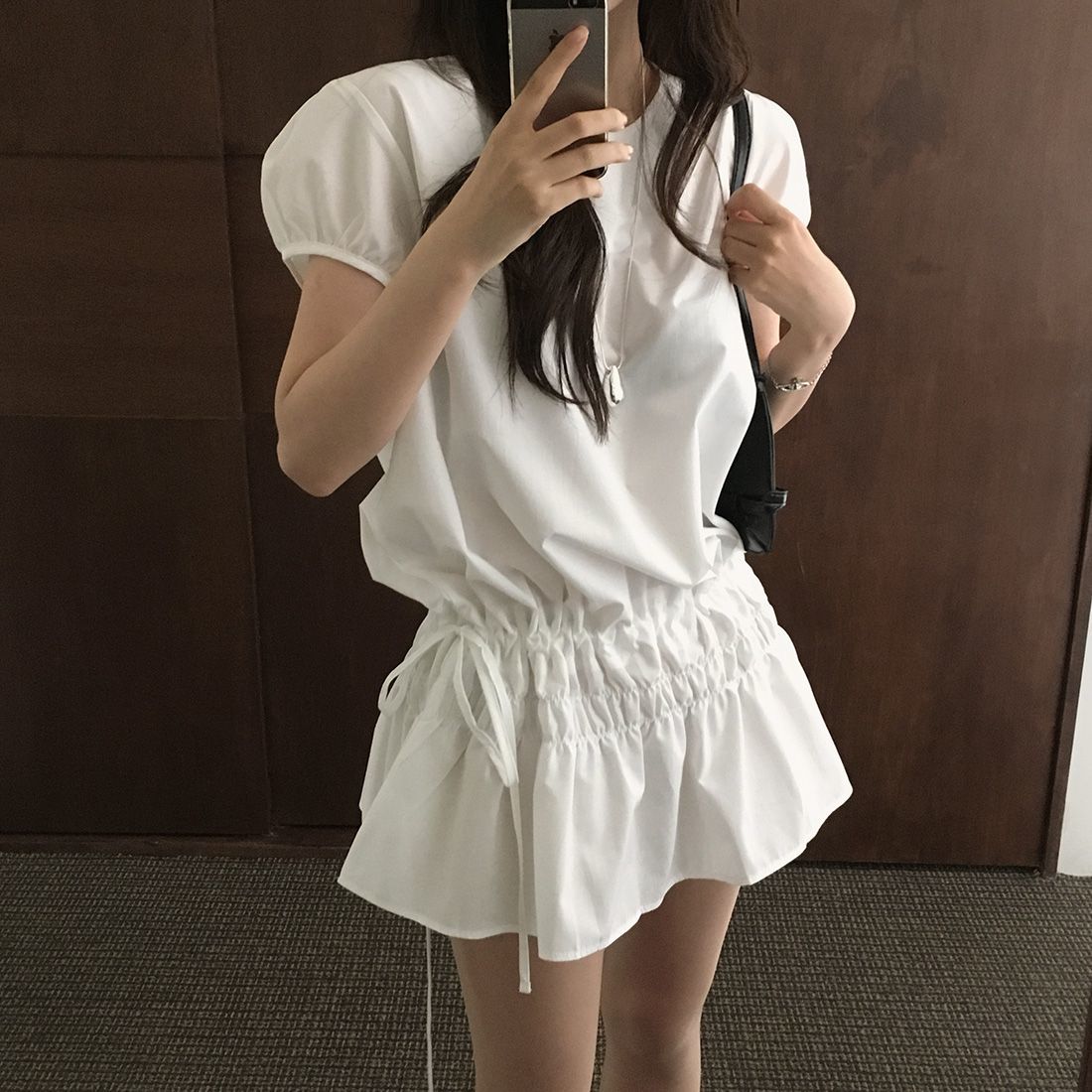 韓系韓國chic復古氣質休閒小個子鬆緊抽繩系帶設計泡泡袖連衣裙25071601