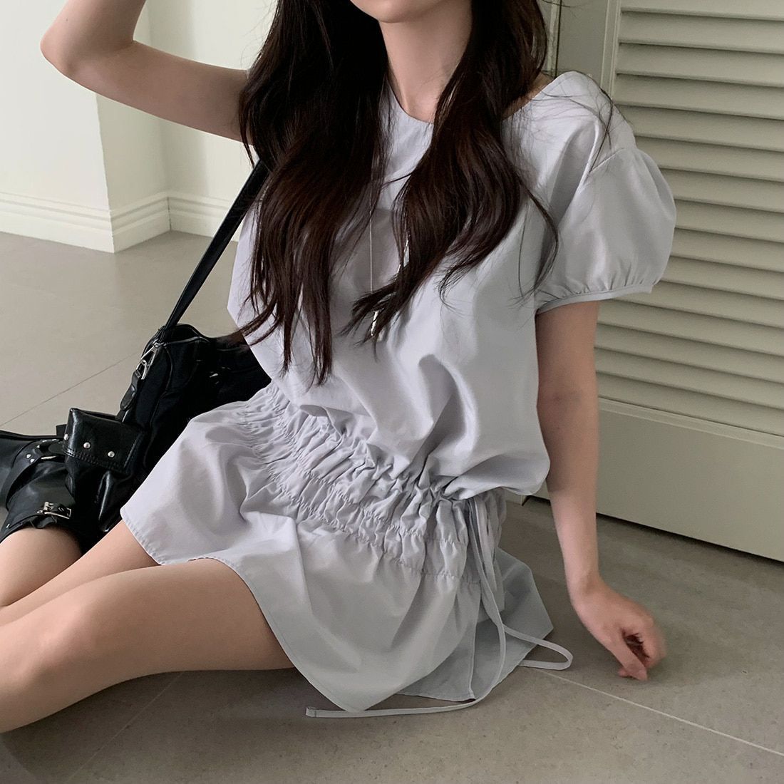 韓系韓國chic復古氣質休閒小個子鬆緊抽繩系帶設計泡泡袖連衣裙25071601