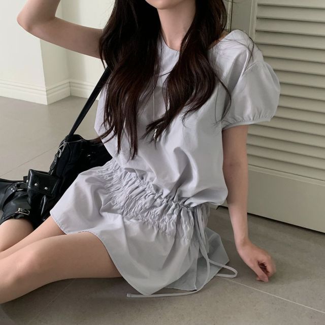 韓系韓國chic復古氣質休閒小個子鬆緊抽繩系帶設計泡泡袖連衣裙25071601