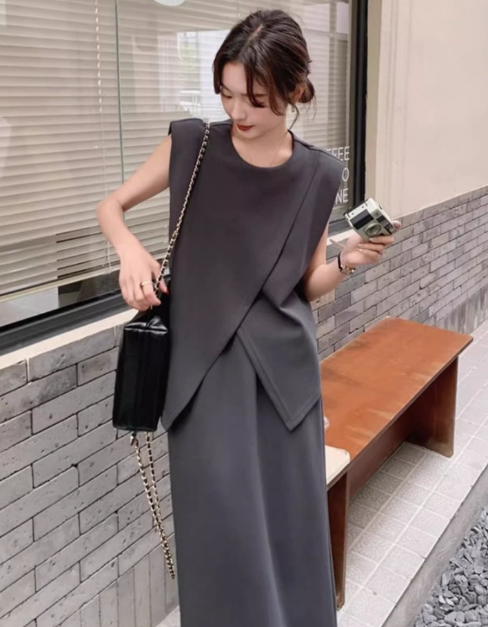 韓藏輕奢高級感超好看灰色套裝裙女氣質巨遮肉顯瘦半身裙兩件套25071802