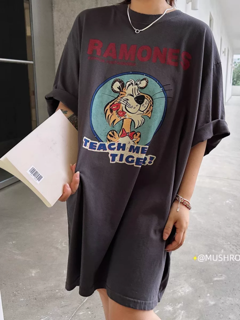 韓版夏季新款韓版復古百搭休閒時尚小老虎圓領T恤裙女25072403