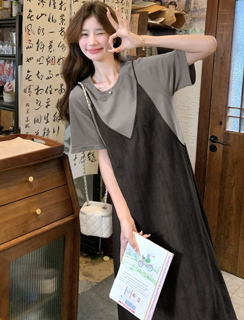 韓版小眾獨特漂亮吊帶假兩件連衣裙女夏超火減齡氣質寬松顯瘦長裙25072602