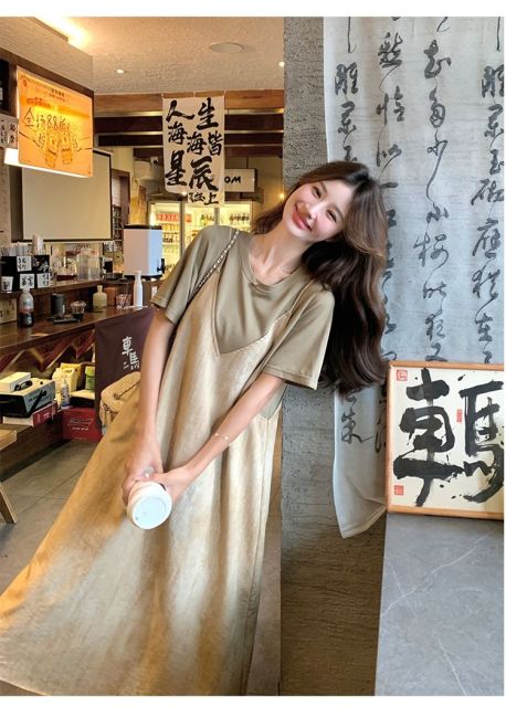 韓版小眾獨特漂亮吊帶假兩件連衣裙女夏超火減齡氣質寬松顯瘦長裙25072602