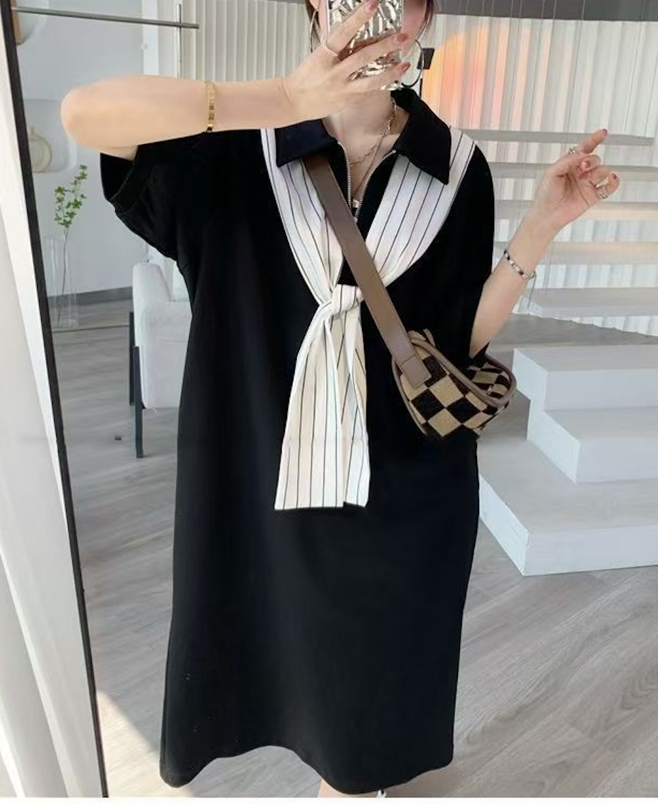 韓版慵懶風POLO領短袖長裙女夏寬松休閒披肩連衣裙子225072705