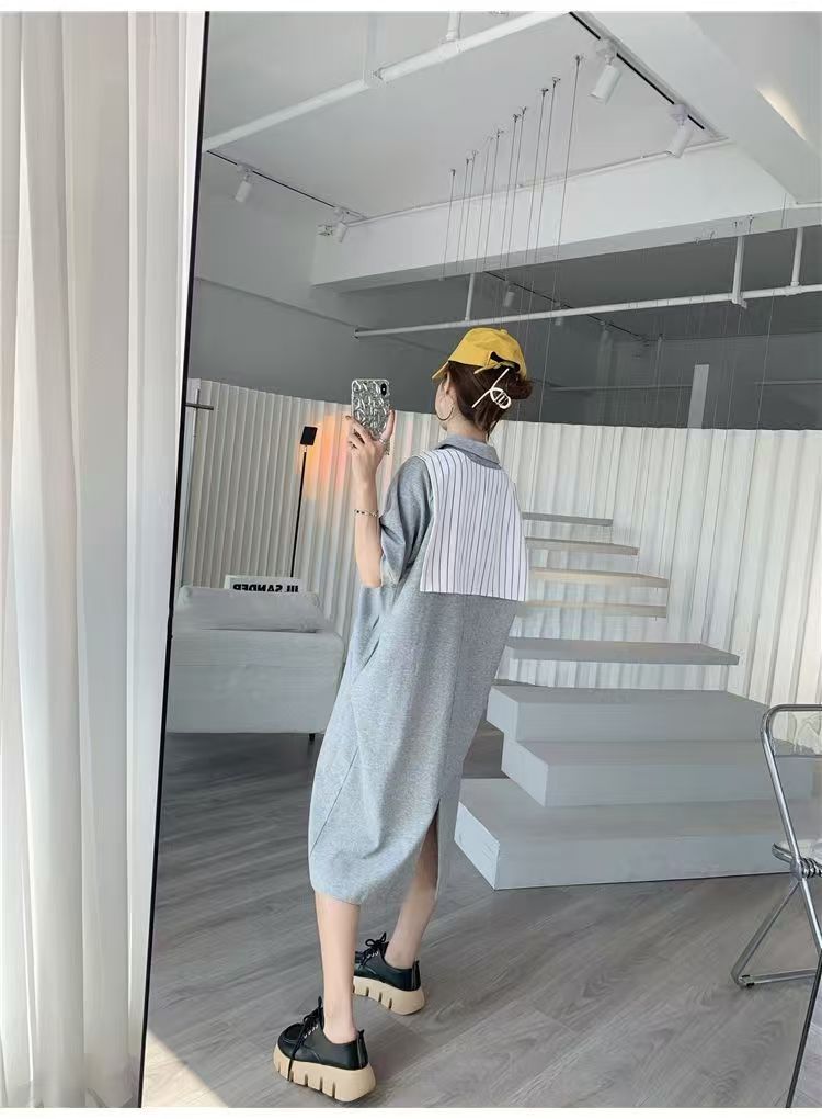 韓版慵懶風POLO領短袖長裙女夏寬松休閒披肩連衣裙子225072705