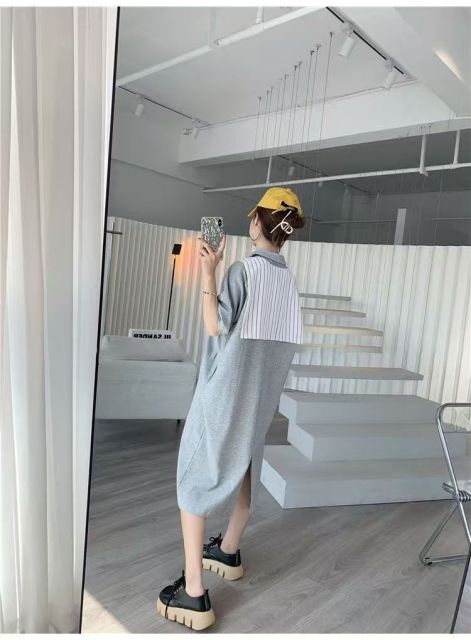 韓版慵懶風POLO領短袖長裙女夏寬松休閒披肩連衣裙子225072705
